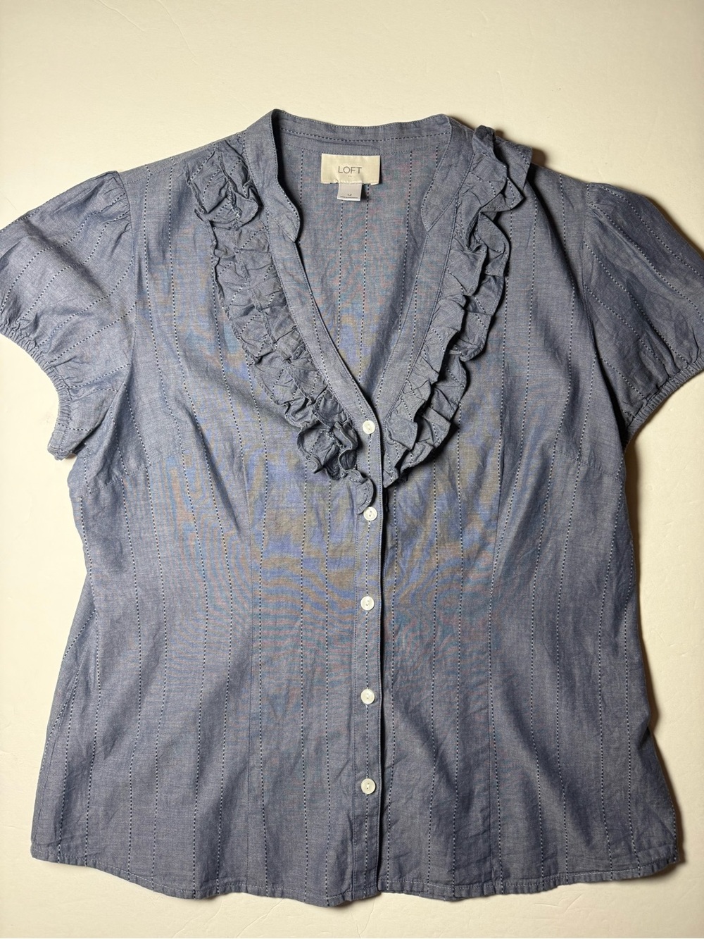LOFT Chambray Blue Ruffle-Front Button Down Blouse Size 12